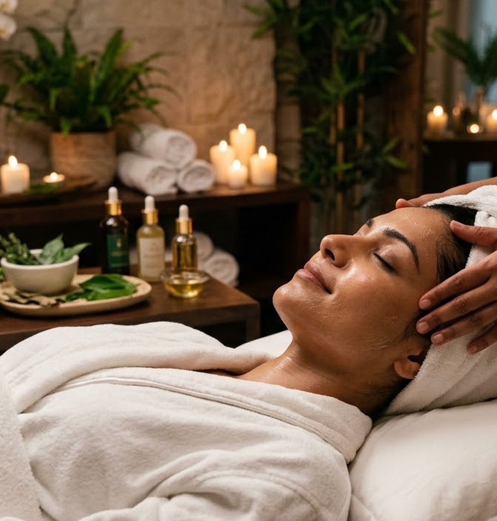 Client relaxing during a spa facial treatment
