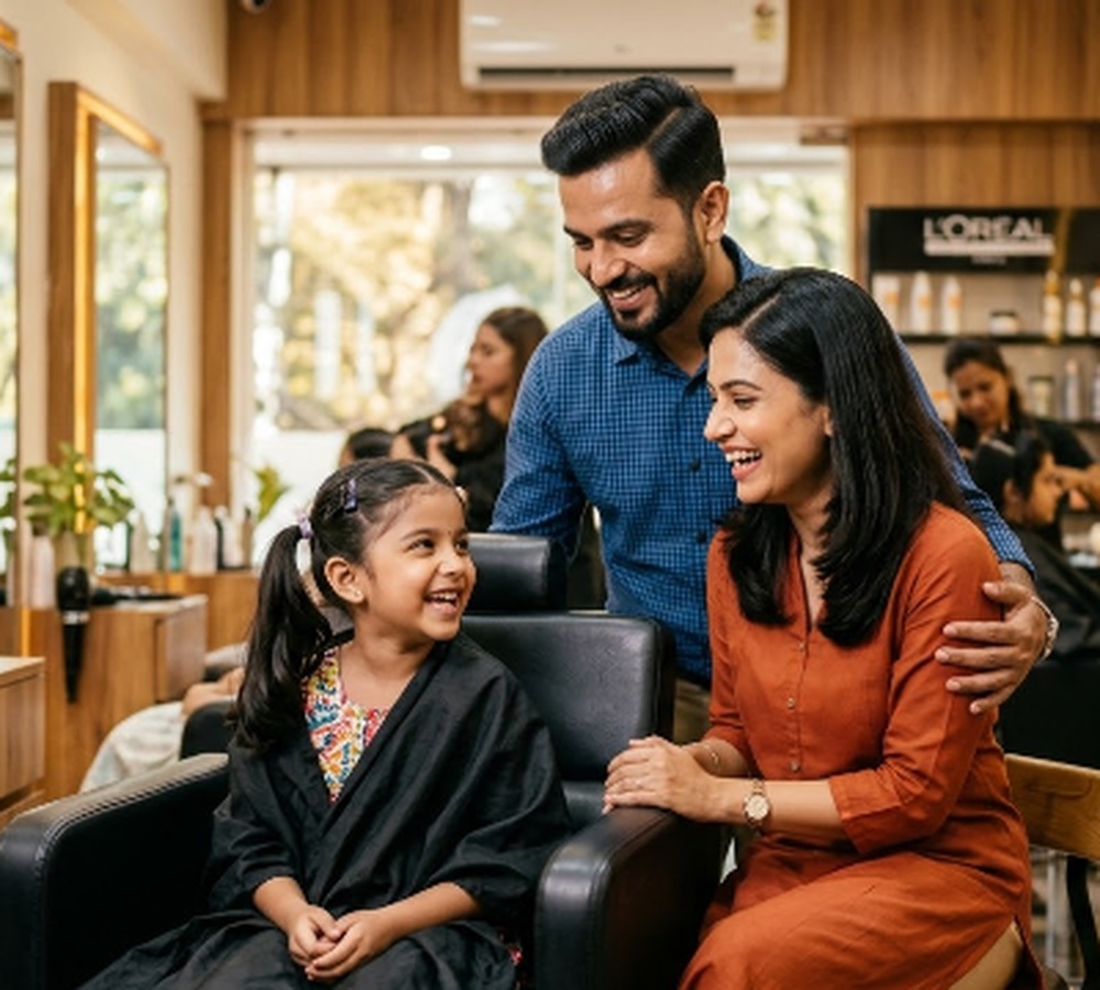 Indian family with father, mother and child smiling together at AH Family Salon