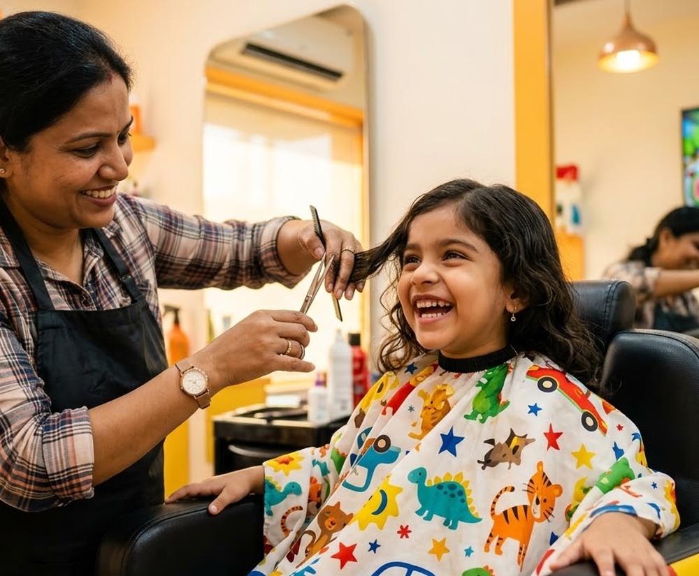 Happy Indian child smiling after a gentle haircut