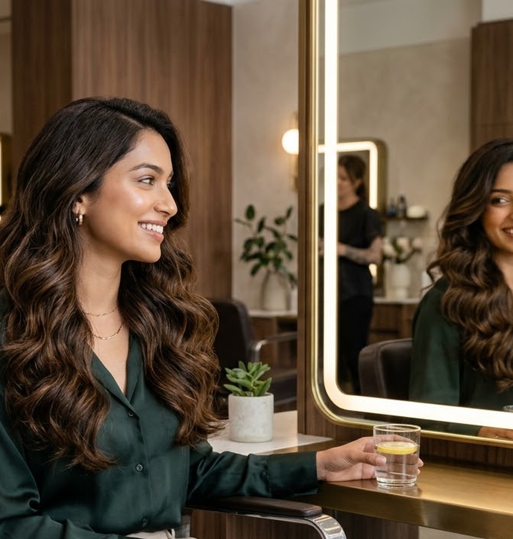 Stylist blow-drying and shaping a client's hair